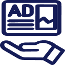 Dark blue line icon of a cupped hand holding an advertisement layout with the word AD.
