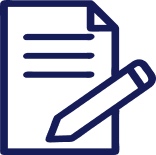 Dark blue line icon of a pencil writing on a piece of lined paper.