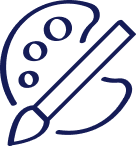 Dark blue line icon of an artist paint palette with a diagonal paintbrush.