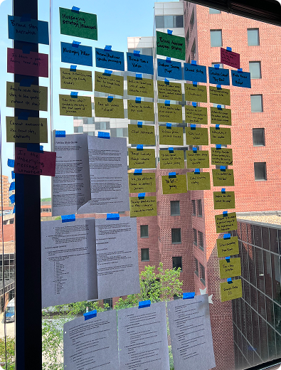 Colorful sticky notes and printed documents arranged in columns on a glass window overlooking city buildings during a brand strategy session.