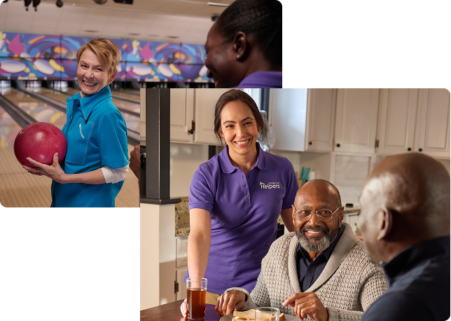 Collage showing a smiling woman holding a bowling ball, and a Senior Helpers caregiver in a purple polo serving two senior men at a kitchen table.
